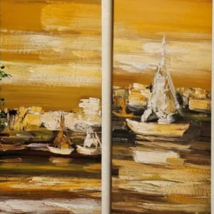 Σετ 2 Πινάκων με Καράβια – Θάλασσα & Ηλιοβασίλεμα σε Θερμούς Τόνους 1,20x40