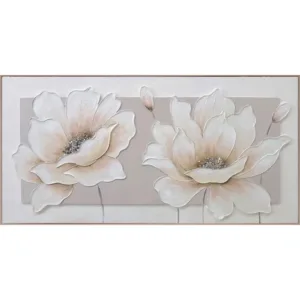 Πίνακας Καμβά σε Κορνίζα με 2 Άνθη 3D σε Λευκό/Καφέ – 120x60cm