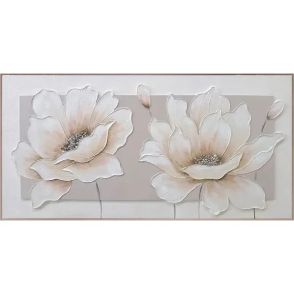 Πίνακας Καμβά σε Κορνίζα με 2 Άνθη 3D σε Λευκό/Καφέ – 120x60cm