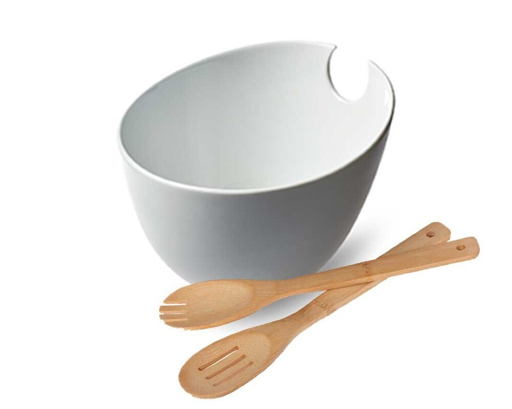 Σαλατιέρα Λευκή Crispo Trio Πορσελάνης με 2 Ξύλινες Κουτάλες – 24x20 εκ