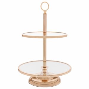 Διώροφη Γυάλινη Πιατέλα με Χρυσή Μεταλλική Βάση 30x30x44cm