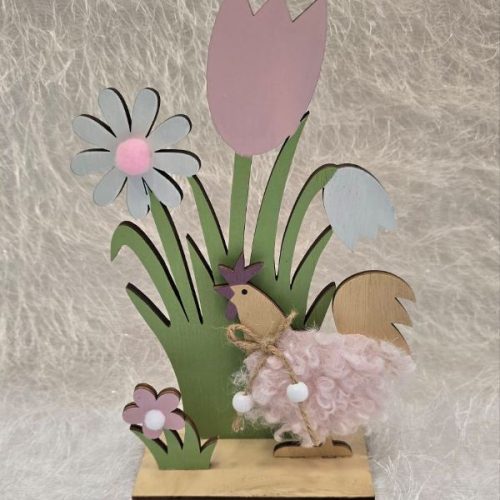 Ξύλινη Διακόσμηση με Λουλούδια και Κοτούλα