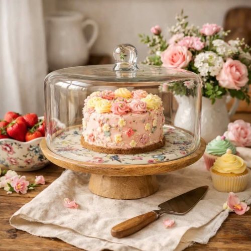 Ξύλινη Τουρτιέρα με Φλοράλ Διακόσμηση και Γυάλινο Καπάκι