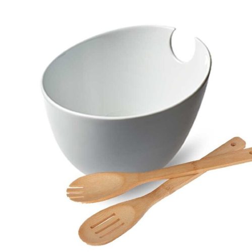 Σαλατιέρα Λευκή Crispo Trio Πορσελάνης με 2 Ξύλινες Κουτάλες – 24x20 εκ