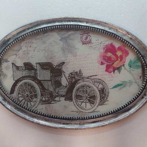 Οβάλ Πίνακας Vintage με Αυτοκίνητο Εποχής