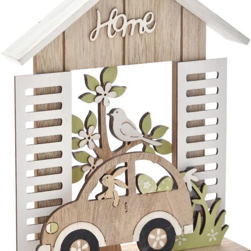Ξύλινο Επιτραπέζιο Διακοσμητικό Σπιτάκι με Αυτοκίνητο και Λαγό