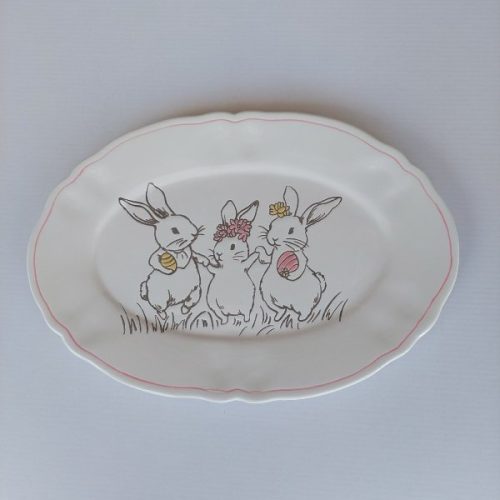 Διακοσμητική Πασχαλινή Πιατέλα με Λαγούς Κεραμική Λευκή 25.7x17.6x1.8cm