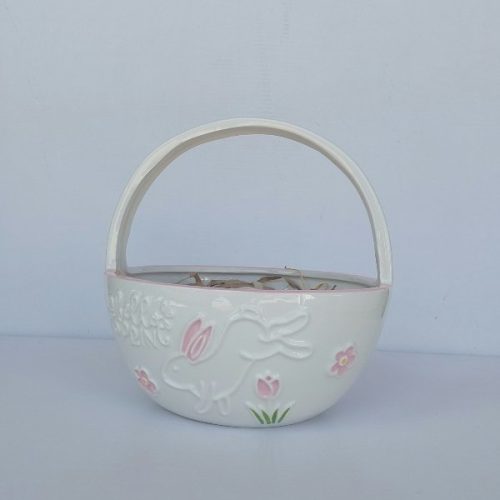 Διακοσμητικό Πασχαλινό Καλάθι με Λαγό Κεραμικό Λευκό-Ροζ 19.4x19.5x20.2cm