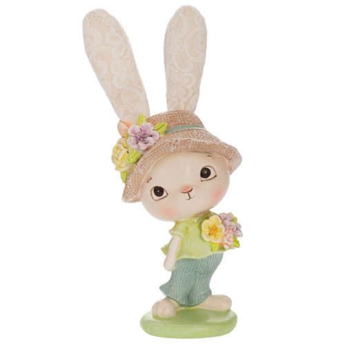 Μπεζ Λαγός Πολυρεζίνης με Πράσινα Ρούχα και Καπέλο 9,5x9x26εκ