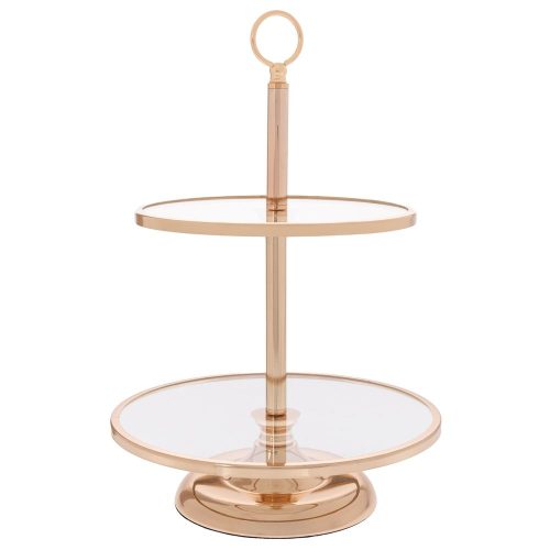Διώροφη Γυάλινη Πιατέλα με Χρυσή Μεταλλική Βάση 30x30x44cm