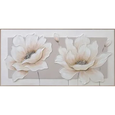 Πίνακας Καμβά σε Κορνίζα με 2 Άνθη 3D σε Λευκό/Καφέ – 120x60cm